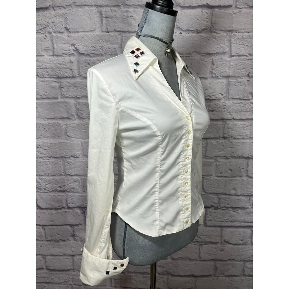 Y2K McBling Rayure Paris Rhinestone Studded Button Down Blouse